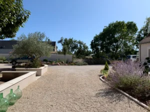 Cour gravillonnée avec jardin paysager ensoleillé