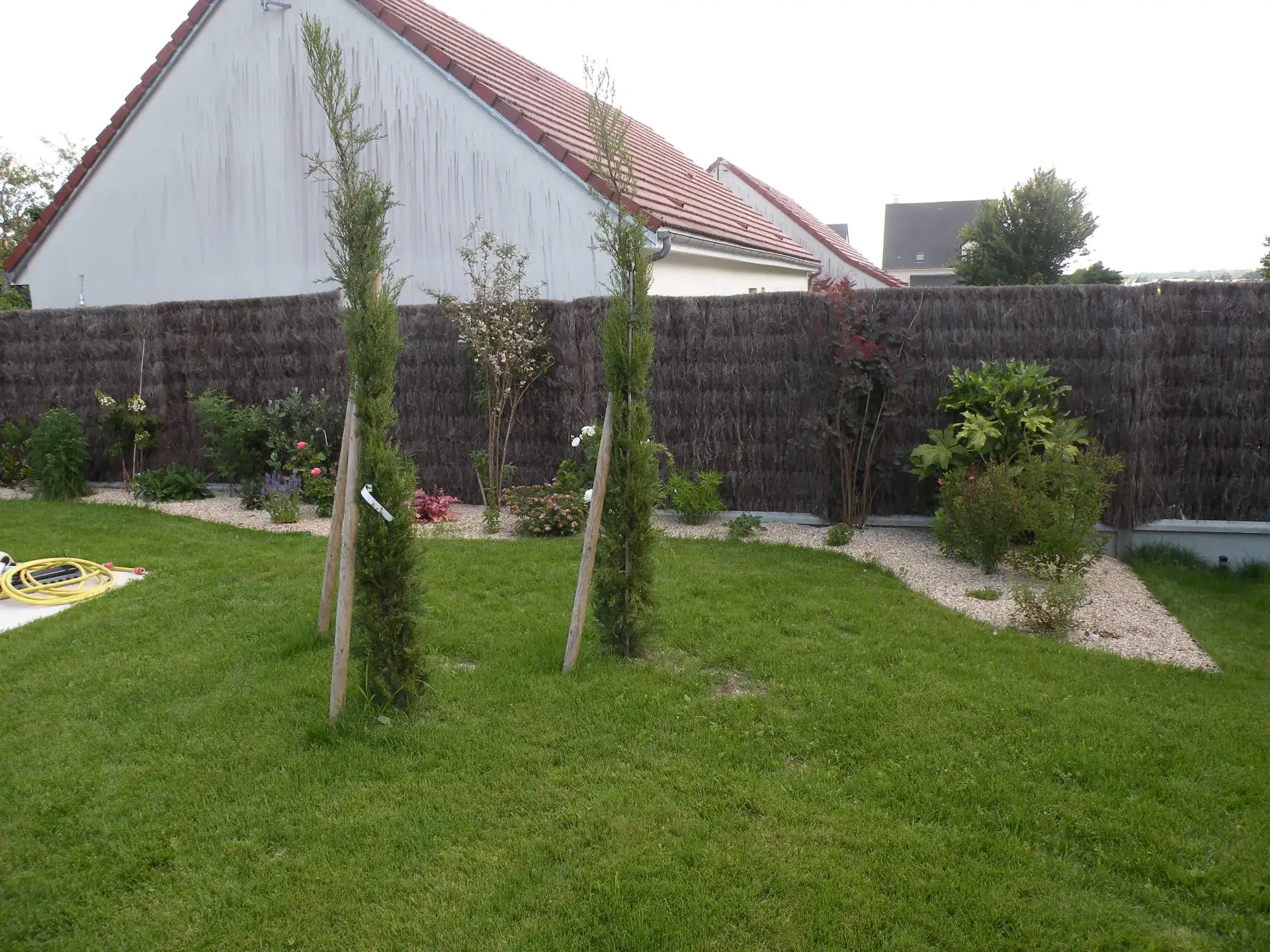 Jardin avec pelouse et jeunes arbres tuteurés
