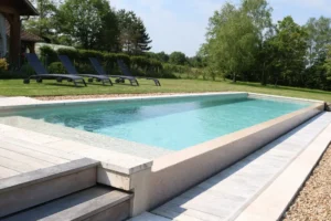 Piscine moderne rectangulaire dans jardin paysager