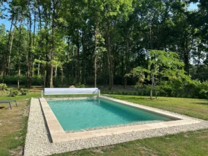 Piscine extérieure moderne entourée d’arbres et pelouse