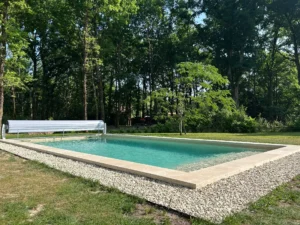 Piscine rectangulaire dans jardin boisé et verdoyant