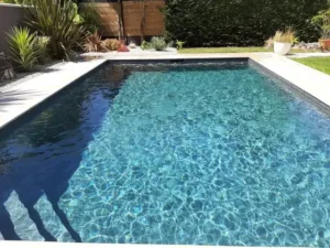 Piscine moderne rectangulaire dans jardin paysager