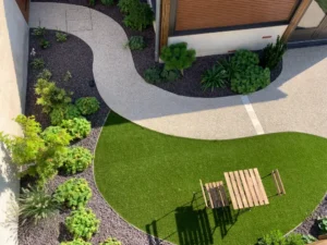 Jardin paysager moderne avec allée courbe et mobilier