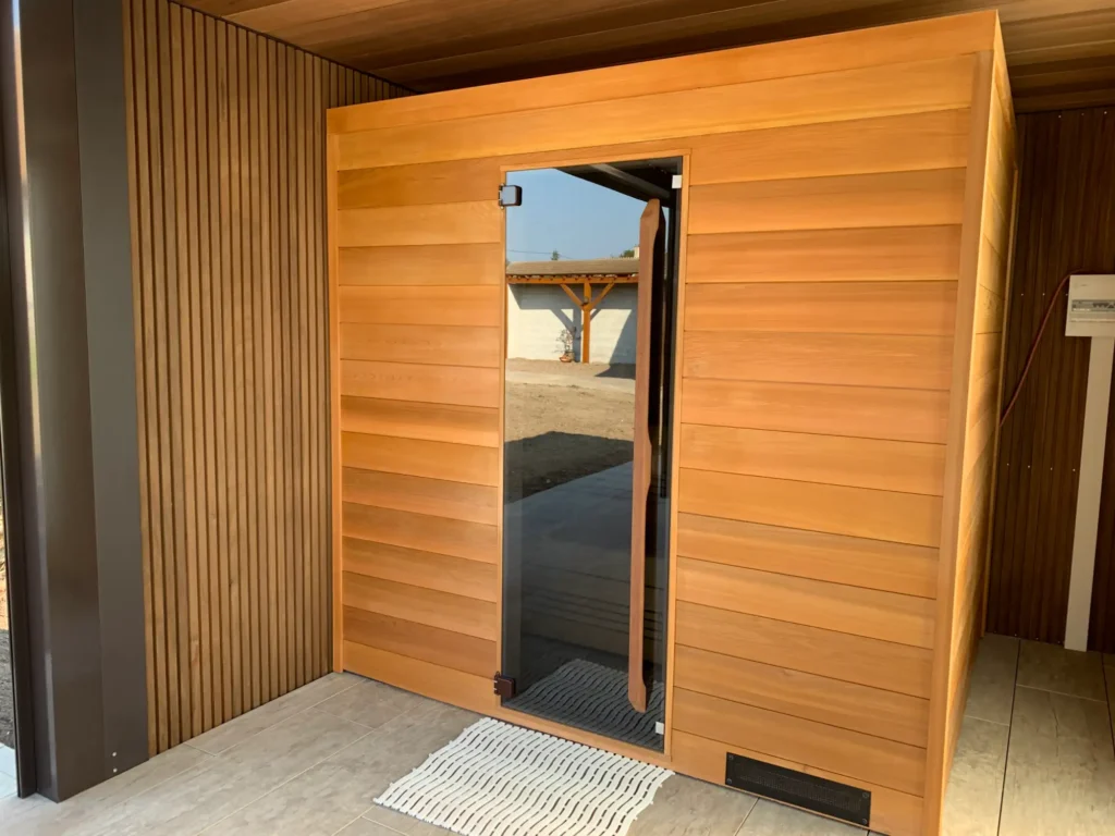 Cabine de sauna en bois avec porte vitrée