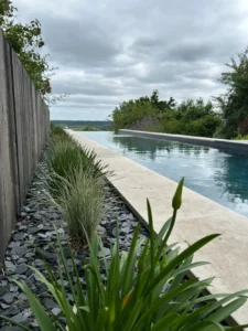 Piscine à débordement moderne avec jardin paysager