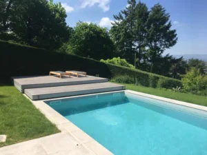 Piscine moderne avec terrasse en bois et jardin