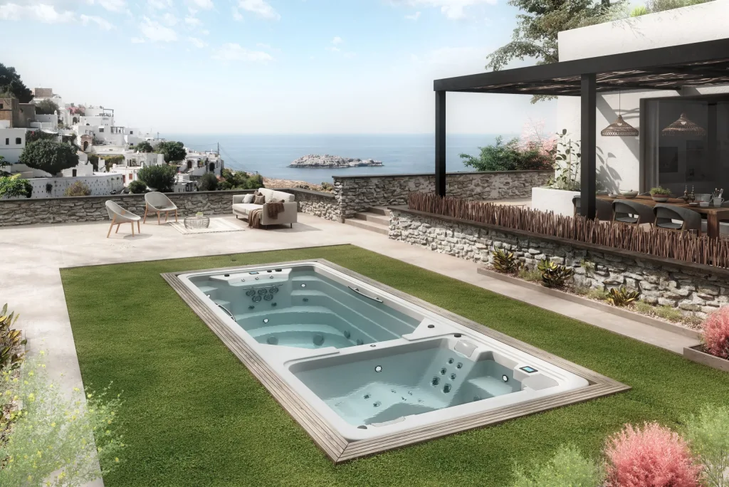 Spa encastré sur terrasse avec vue mer
