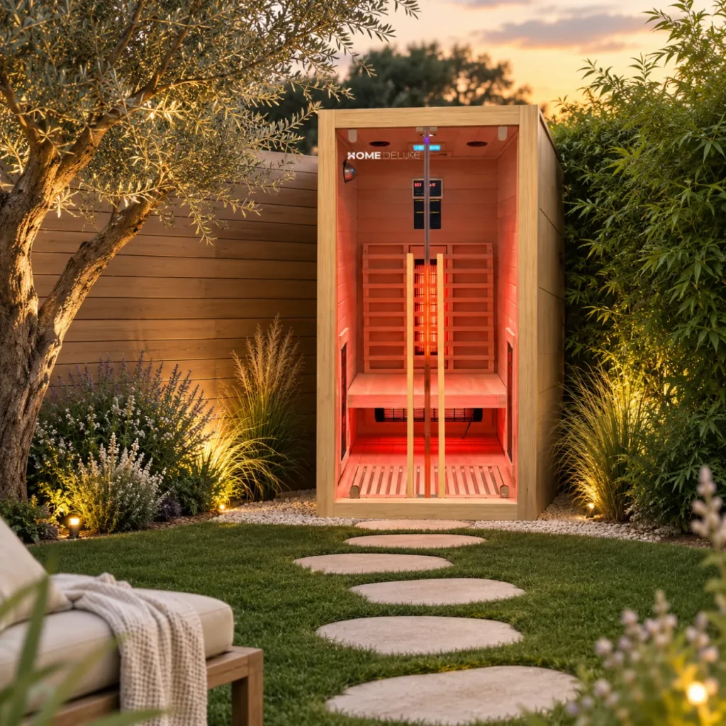 Sauna infrarouge en bois dans jardin paysager